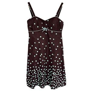 Vintage Retro Polka Dot Babydoll Dress Womens 10P Brown Sweetheart A-Line Cotton